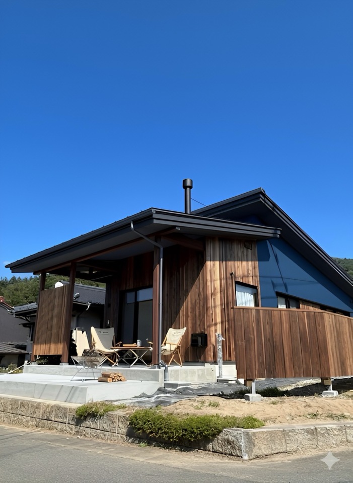 【伊那市平屋完成見学会】大きな軒の下でくつろぐ。土間サロンと外テラスのある平屋
