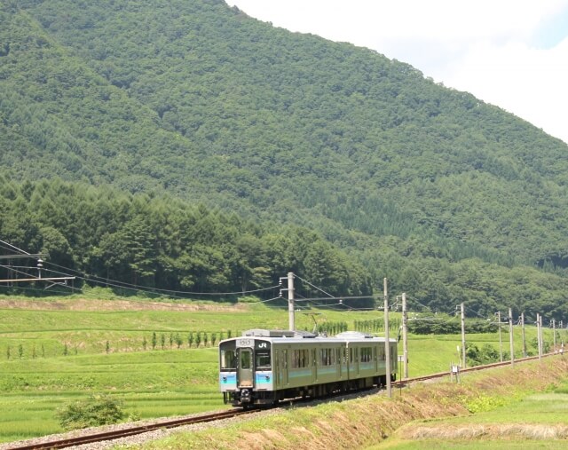 田園の中を走る大糸線