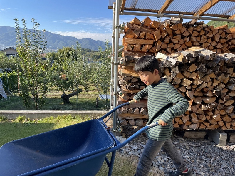 薪小屋と一輪車を押す少年